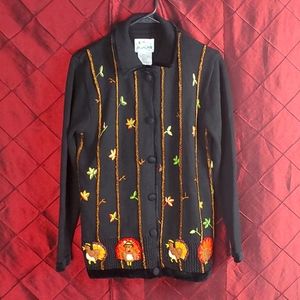 Embroidered Black Women's Cardigan Sweater with Autumn Motif